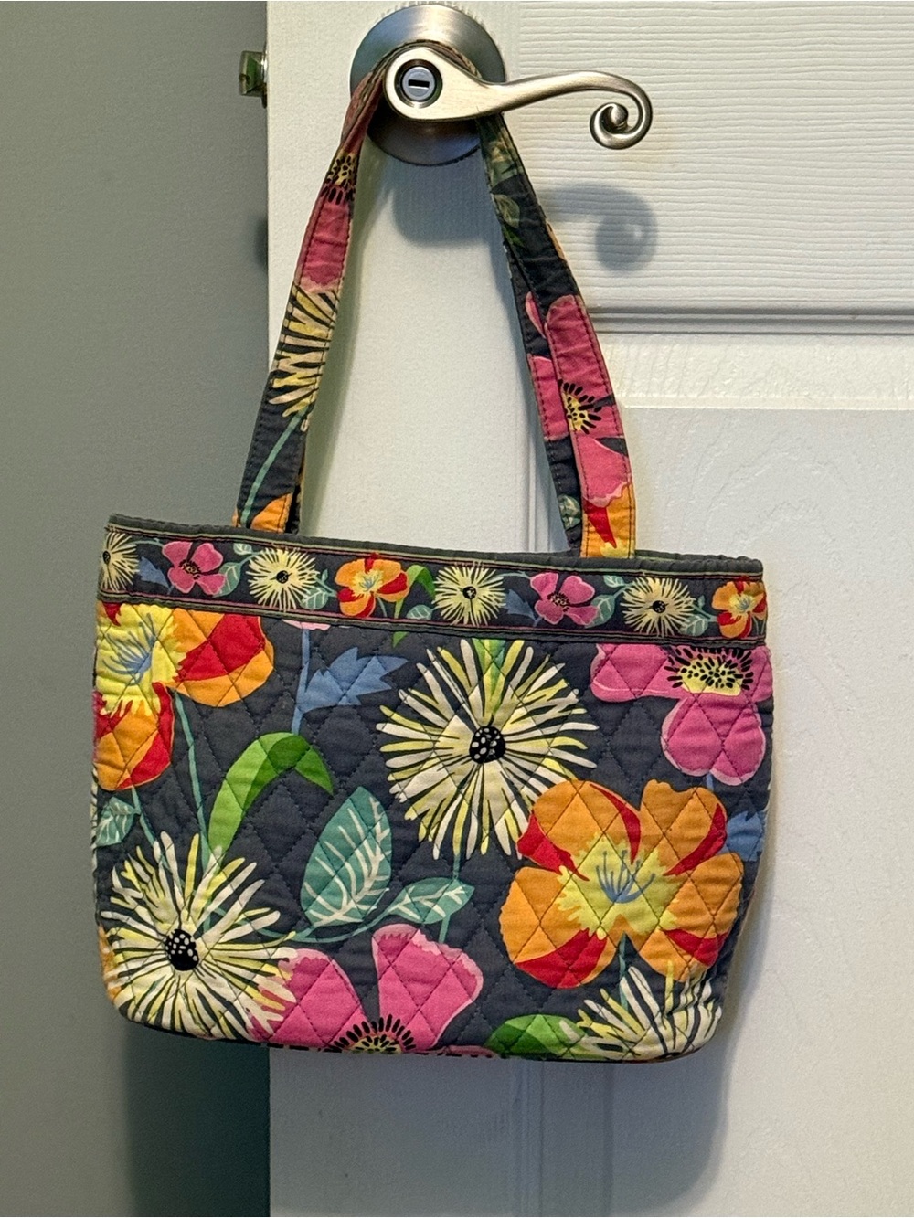 Vera Bradley Quilted Floral Tote in Gray with Pink, Yellow & Green Accents